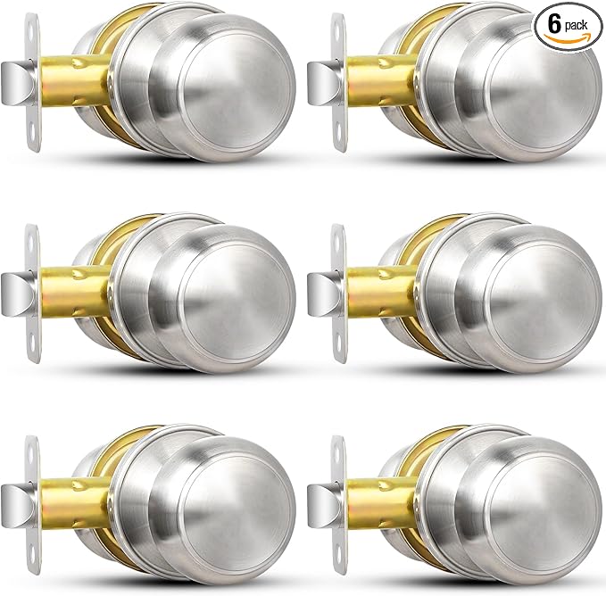 Sopoby Brushed Nickel Door Knob, 6 Pack Round Keyless Doorknobs Interior/Exterior Lockset, Passage Locking Door Knobs for Bedroom/Bathroom, Modern Design Door Hardware