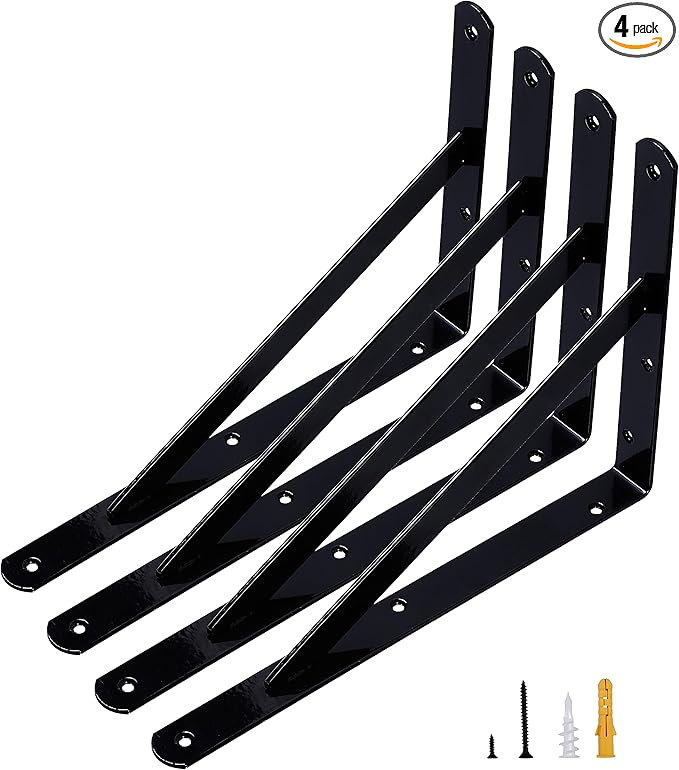4-Pack 12 Inch Heavy Duty Shelf Brackets, Thicken Wall Bracket for Garage Floating Storage Shelves, 90 Degree Triangle Large L Bracket, Black Powder-Coated Steel