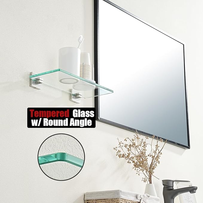 JQK Bathroom Glass Shelf, Tempered Glass Shower Storage 12 by 5 inches, 304 Stainless Steel Brushed Finish Wall Mount, TGS201L12-BN