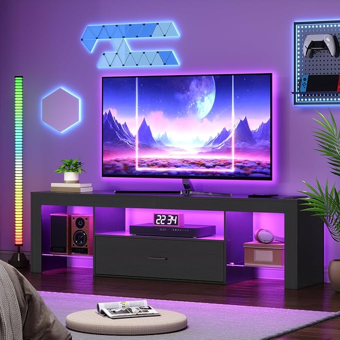 HOOBRO LED TV Stand with Power Outlets to 65 inch TV, Gaming Entertainment Center with Glass Shelves and Large Drawer, Modern Media TV Console Table for Living Room Bedroom, Black BB160UDDS01G1