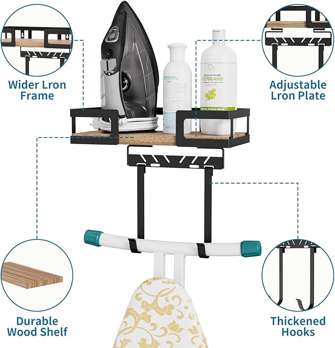 Wall Mount Ironing Board Holder - Heavy Duty Metal Hanger with Storage Hooks, Space Saving Organizer for Laundry Room, Garage, Door - Black