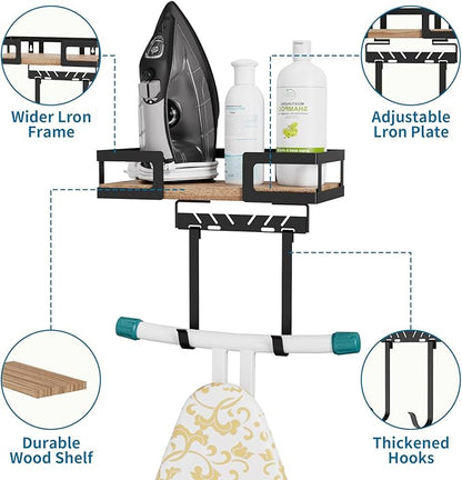 Wall Mount Ironing Board Holder - Heavy Duty Metal Hanger with Storage Hooks, Space Saving Organizer for Laundry Room, Garage, Door - Black