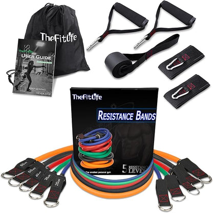 TheFitLife Exercise Resistance Bands with Handles - 5 Fitness Workout Bands Stackable up to 110/150/200/250/300 lbs, Training Tubes with Large Handles, Ankle Straps, Door Anchor, Carry Bag