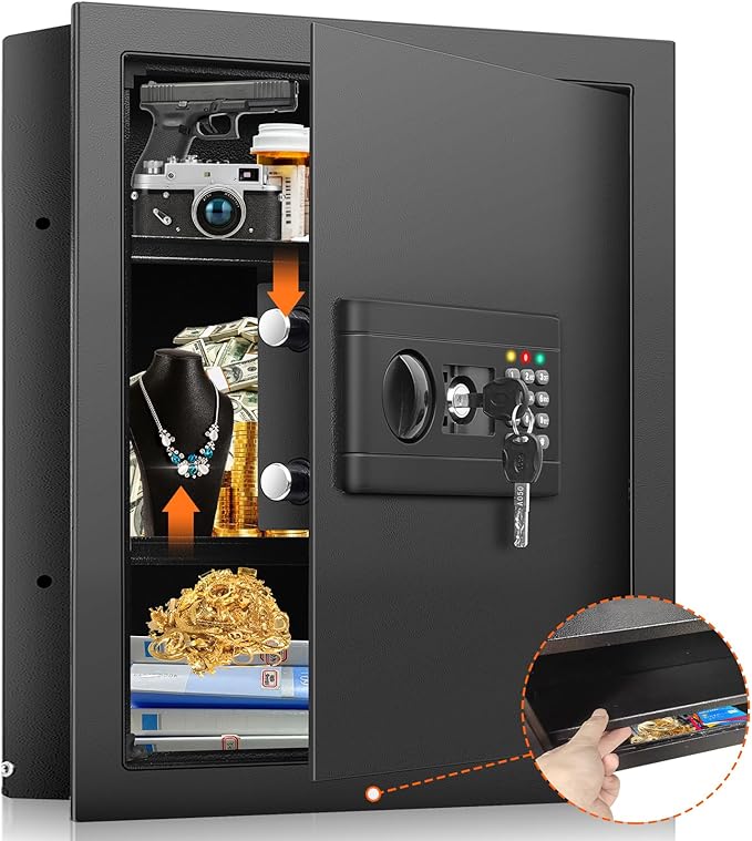 17.7" Tall Wall Safes Between the Studs 16" Centers, Hidden Wall Safe with 2 Removable Shelf & Hidden Tray, In Wall Mount Safe for Money, Jewelry, Passport, Valuables