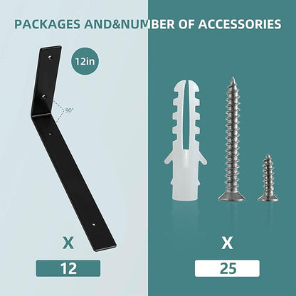HEART ART 12 Pack Shelf Brackets 12 inch,L Brackets for Shelves,Black Heavy Duty Metal Shelf Brackets,12”x6”x1.4”