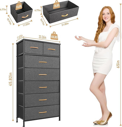Mifuro Tall Dresser for Bedroom, Vertical Storage Organizer Tower with 7 Drawers, Chest of Drawers with Fabric Bins, Steel Frame, Wood Top for Bedroom, Closet, Entryway- Grey
