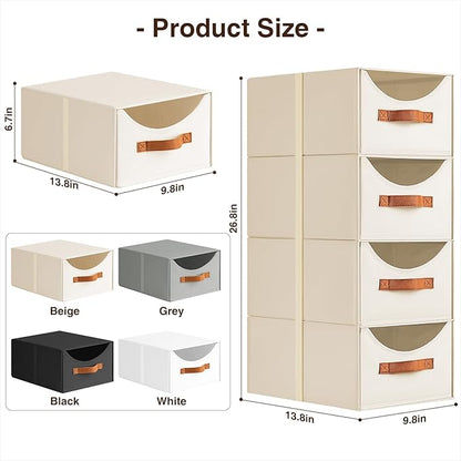 Stackable Storage Drawers - Collapsible Storage Bins with Drawers, 6 Pack Closet Shelf Organizer Basket, Fabric Pull Out Organizer for Bedroom, Living Room, Dorm, Beige