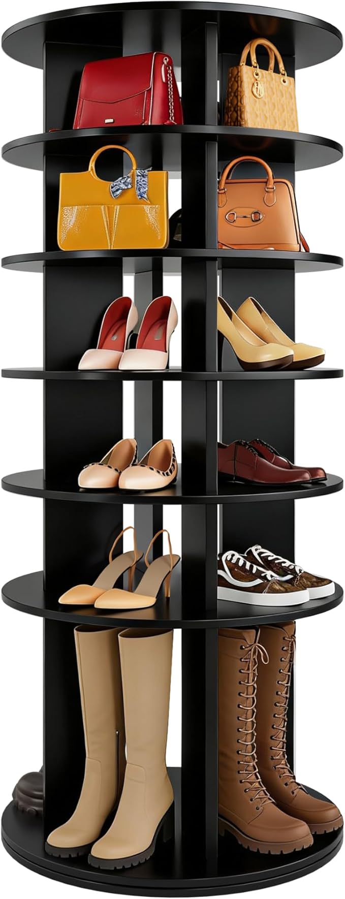 JUMMICO Rotating Shoe Rack Tower, 6-Tier Vertical Closet Storage Organizer for Shoes, Handbags & Tall Boots, 360° Spinning Lazy Susan Base, Space-Saving for Bedroom & Closet (Black)