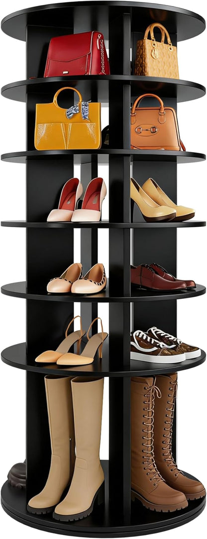 JUMMICO Rotating Shoe Rack Tower, 6-Tier Vertical Closet Storage Organizer for Shoes, Handbags & Tall Boots, 360° Spinning Lazy Susan Base, Space-Saving for Bedroom & Closet (Black)