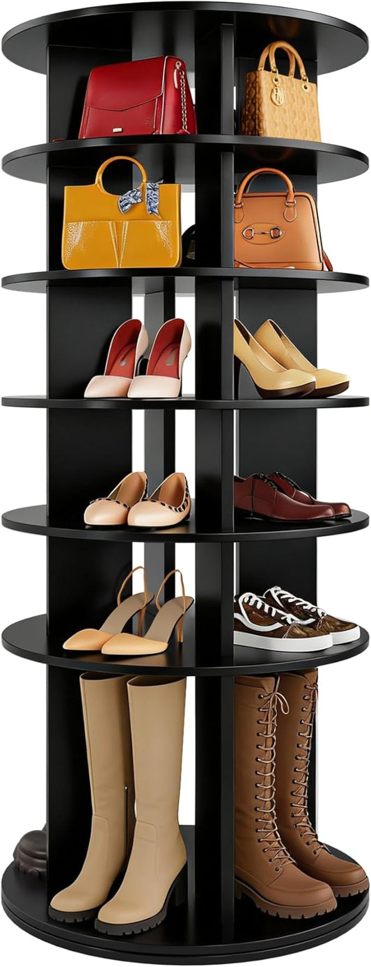 JUMMICO Rotating Shoe Rack Tower, 6-Tier Vertical Closet Storage Organizer for Shoes, Handbags & Tall Boots, 360° Spinning Lazy Susan Base, Space-Saving for Bedroom & Closet (Black)