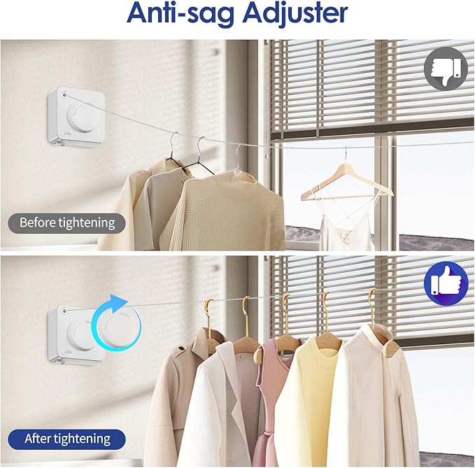 Retractable Clothesline Indoor, Non-Sagging Clothes Line Retracting Outdoors,15.6Ft Heavy Duty Clothes Drying Laundry Line, Wall Mounted Clothesline with 5pcs Stainless Steel Hooks (White)