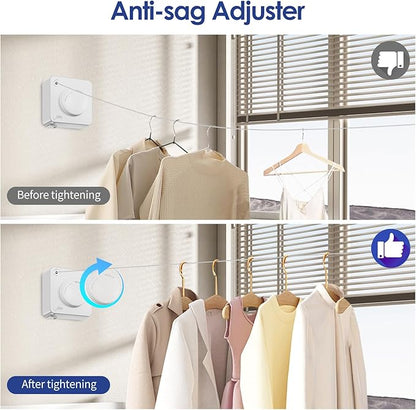 Retractable Clothesline Indoor, Non-Sagging Clothes Line Retracting Outdoors,15.6Ft Heavy Duty Clothes Drying Laundry Line, Wall Mounted Clothesline with 5pcs Stainless Steel Hooks (White)
