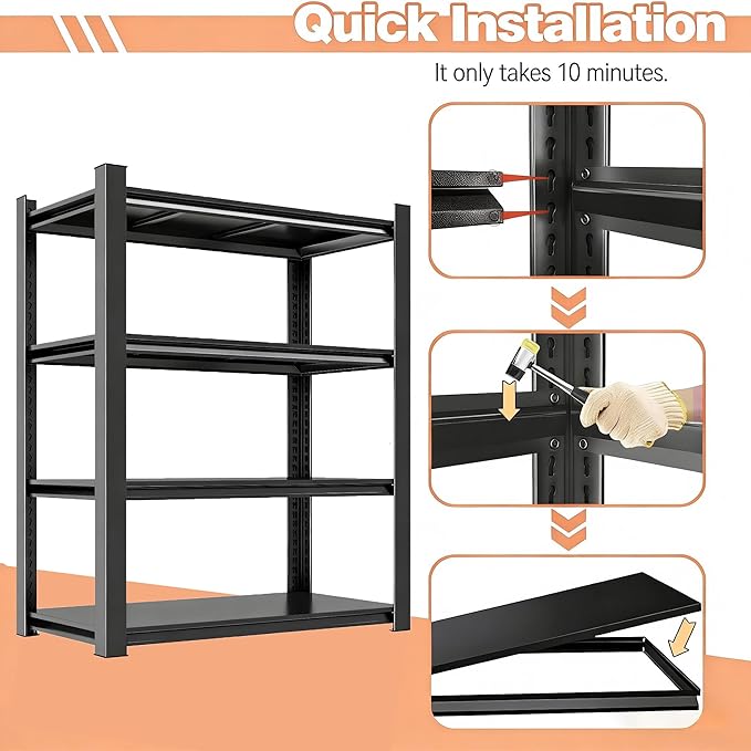 48" W x 24" D Garage Shelving Heavy Duty Unit, 4-Tier Adjustable Metal Storage Shelves, 2400 lbs Industrial Shelf Stand Organizer for Garage, Basement, Warehouse, Pantry, Kitchen, Black, 63" H