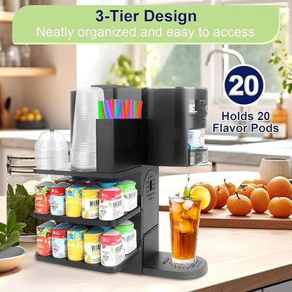 4-in-1 Flavor Pods Holder for Ninja Thirsti WC1001 | 3-Tier Wood Drink Station Accessory Organizer Holds 20 Flavor Pods with Cup, Lid & Straw Dispenser | Syrup Caddy for Ninja Soda Maker (Shelf Only)