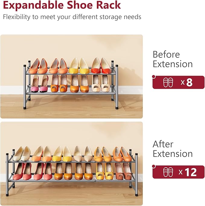 Tajsoon 2 Tier Expandable Shoe Rack for Closet, 28“-41“Adjustable & Stackable Shoe Shelf Storage, Metal Shoe Rack Organizer for Front Door Entrance, Closet, Garage, Entryway, Grey