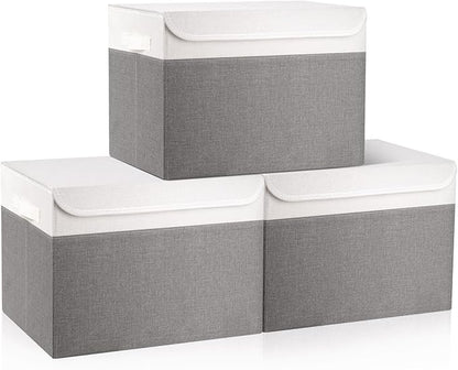 Large 17" 42 Quarts Collapsible Stackable Storage Bins with Lids [3-Pack] Foldable Fabric Linen Storage Boxes Cube, Closet Organizer Baskets with Label (16.7 x 12 x 12, Gray & White)