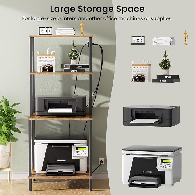 Printer Stand with Charging Station, 49"Tall 4-Tier Printer Stand with Storage, Large Printer Table for Home Office, Kitchen, Living Room, PrinterCart Beside Desk for Printer, Scanner (Rustic Brown)