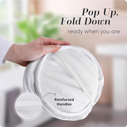 Handy Laundry Collapsible Mesh Pop Up Hamper with Wide Opening and Side Pocket - Breathable, Sturdy, Foldable, and Space-Saving Design for Clothes and Storage (White | 2-Pack)