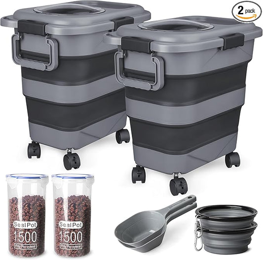 Dog Food Storage Container，2 Pack 25 lbs Airtight Collapsible Cat Food Storage Container with Attachable Wheels, Portable Handle, Dog Food Scoop for Dog Cat Bird Pet Dry Food Storage Bin Large