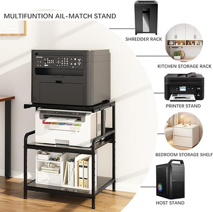 Large Printer Stand with Storage Shelf, 23.6" W x 18.9" D Printer Cart with Wheels, 3 Tier Mobile Printer Table for Home Office,Stands for Heat Press Scanner Fax (Black)