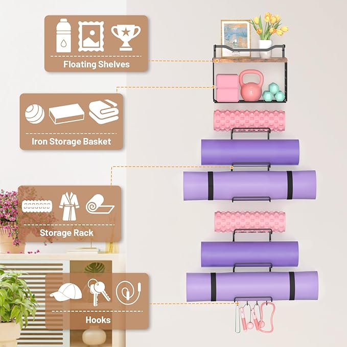 6-Tiers Yoga Mat Holder Wall Mount with Wood Floating Shelves, Yoga Mat Storage Rack Home Gym Accessories with Hooks for Hanging Stretching Strap & Resistance Bands, Yoga Room/Home Gym Decor