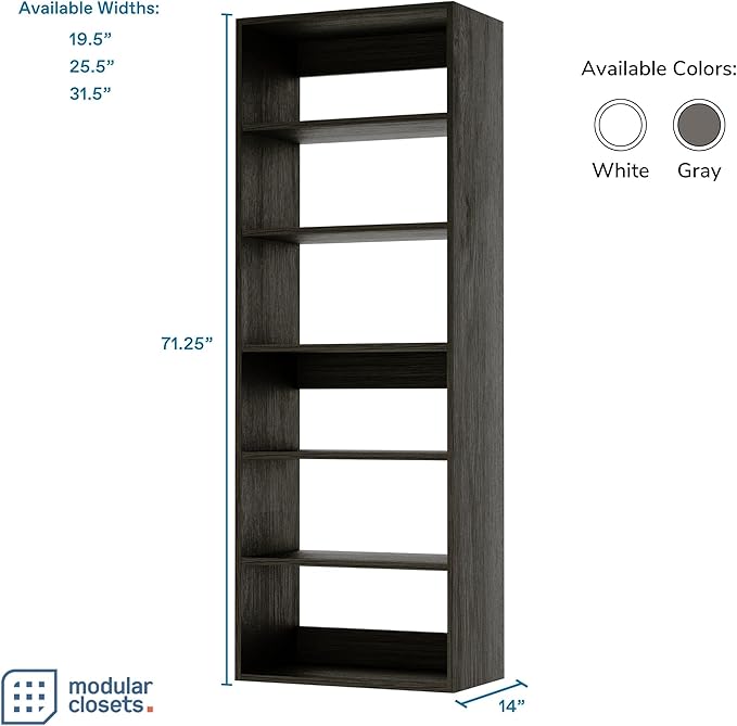 Modular Closets Vista Collection Shelf Tower Built in Wood Closet Organizer Unit (Grey, 25.5" Wide)