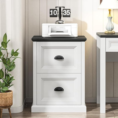 Vertical File Cabinet, Filing Cabinet with 2 File Drawers, Farmhouse Small File Cabinet Fits Letter/A4 Size, Wooden Printer Stand, Under Desk Cabinets for Home Office, White and Black