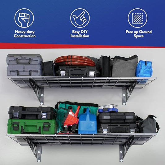 SafeRacks Garage Wall Shelves - 2-Pack 24"x48" Mountable Shelving Units for The Garage, Pantry or Utility Closet, Heavy Duty Steel Shelf with Bike Accessory Hooks, 500lb Capacity, Color: Hammertone