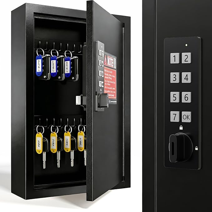 Grimtron Key Lock Box for Keys with Code, Key Box Wall Mount Cabinet, Electronic Lock, Private/Public Mode, 40 Keys, Black