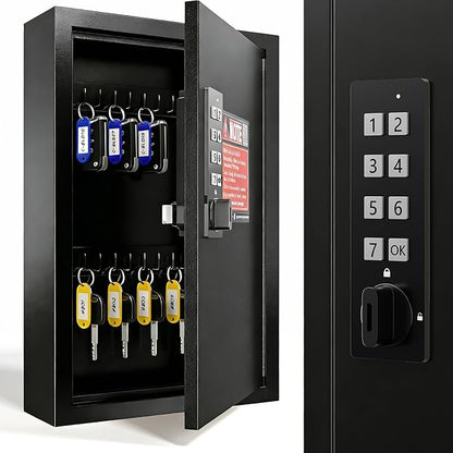 Grimtron Key Lock Box for Keys with Code, Key Box Wall Mount Cabinet, Electronic Lock, Private/Public Mode, 40 Keys, Black