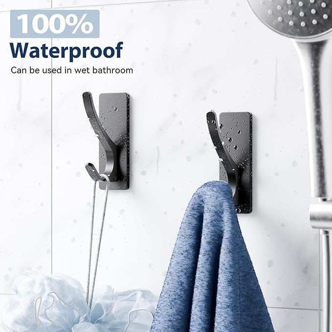 Self Adhesive Towel Hooks: Extra Strong 13LB, Stainless Hook for Hanging Loofah, Towels, Coat, Bath Robe Bathroom Shower, Black, 4 Pack