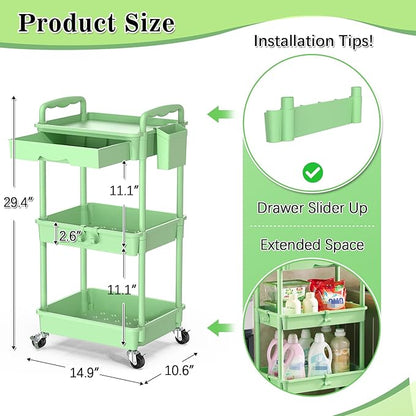 3-Tier Rolling Cart with Drawer & Lockable Wheels, Bathroom Storage Organizer Multifunctional Rolling Storage Cart for Bathroom, Kitchen, Office, Craft, Makeup, Baby Essentials, Green