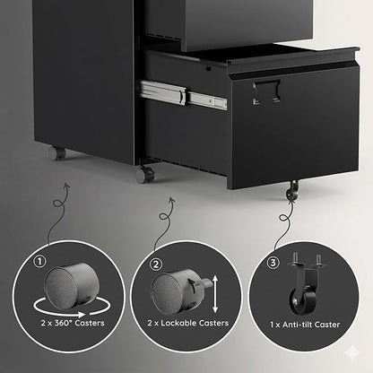 2 Drawer File Cabinet with Lock, Heavy-Duty Metal Rolling Filing Cabinet for Home Office, Under Desk Printer Stand with 5 Wheels, Required Assembly with Video Guide, Fits Letter/Legal Size, Black