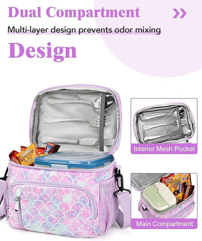 Insulated Lunch Bag for Women - Leakproof Lunch Box Soft Cooler Tote, Adjustable Strap, Reusable Lunch Box for Work Office Picnic Beach Travel-Corduroy Colorful Fish Scales