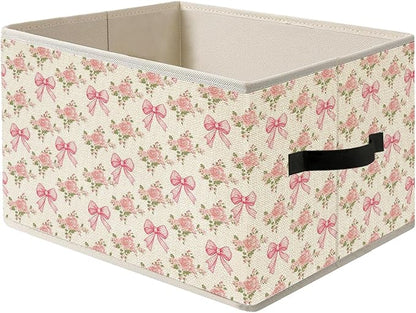 Coquette Pink Bow Rose Floral Storage Bin Box with Handles, Vintage Shabby Chic Cottagecore Pink Flower Foldable Organizer Basket Toybox for Girls Bedroom Bathroom Clothes Toys Books