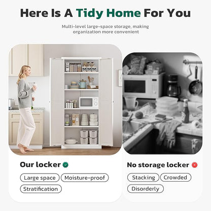 Greenvelly Metal Cabinet, 63" H White Metal Storage Cabinet with Doors and 4 Shelves, Pantry Storage Cabinet for Kitchen, Bedroom, Living Room, Office (Farmhouse)