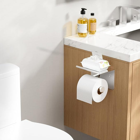 Toilet Paper Holder with Shelf, Adhesive or Screw Wall Mount Toilet Paper Roll Holder for Bathroom, Rustproof 304 Stainless Steel Toilet Roll Tissue Holder Dispenser with Phone Shelf (2, Chrome)