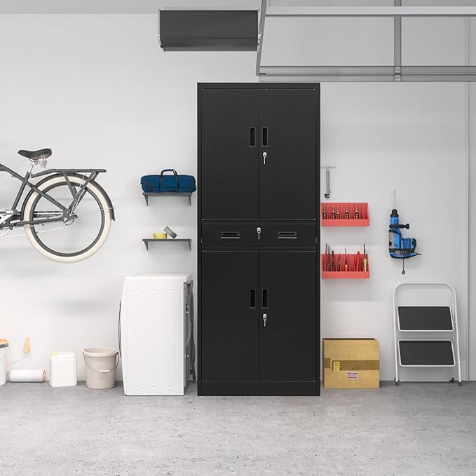 CMY Metal Storage Cabinet, 71" H x 28" W x 16" D Locking Storage Cabinet with Adjustable Shelves and One Drawer, Steel Cabinets for Office, Garage, Home, School, Utility Room(Black)