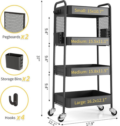 TOOLF 4 Tier Rolling Cart with Pegboard, Metal Storage Organizer Cart with Wheels, Hooks & Bins Esthetician Craft Art Sturdy Storage for Bathroom, Kitchen, Office, Nursery Diaper