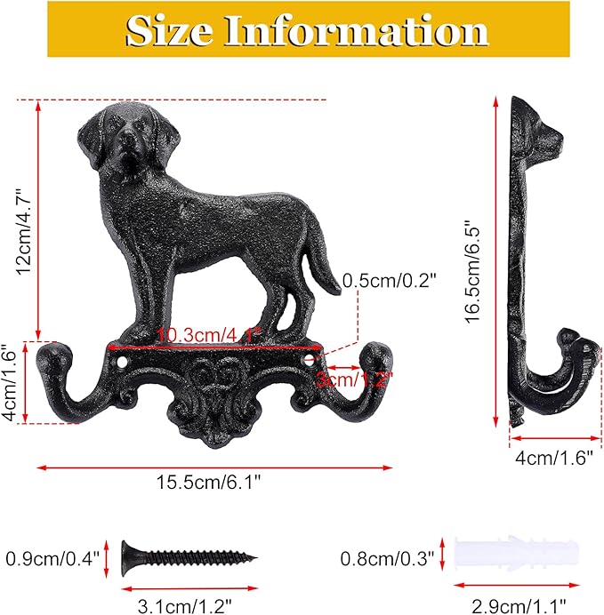 OwnMy Cast Iron Decorative Wall Coat Hook Cute Dog Hook, Vintage Dog Leashes Holder Key Holder for Walls, Heavy Duty Indoor Outdoor Double Wall Hooks for Hanging Towels, Hats, Potted Plants, Tools