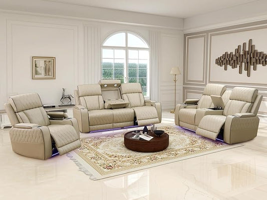 Living Room Furniture Sets, Power Reclining Sofa Set with USB Port, Beige Leather Power Recliner Sofa, Loveseat and Chair with Storage Console/LED Light/Cup Holdersfor Apartment