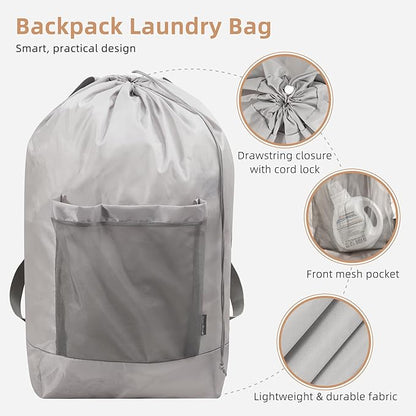 STORAGE MANIAC 2-in-1 Laundry Hamper with Laundry Backpack Bag, 90L Metal Frame Laundry Basket, Dirty Clothes Bag with Shoulder Straps and Mesh Pocket for College, Travel, Laundromat, Apartment, Gray