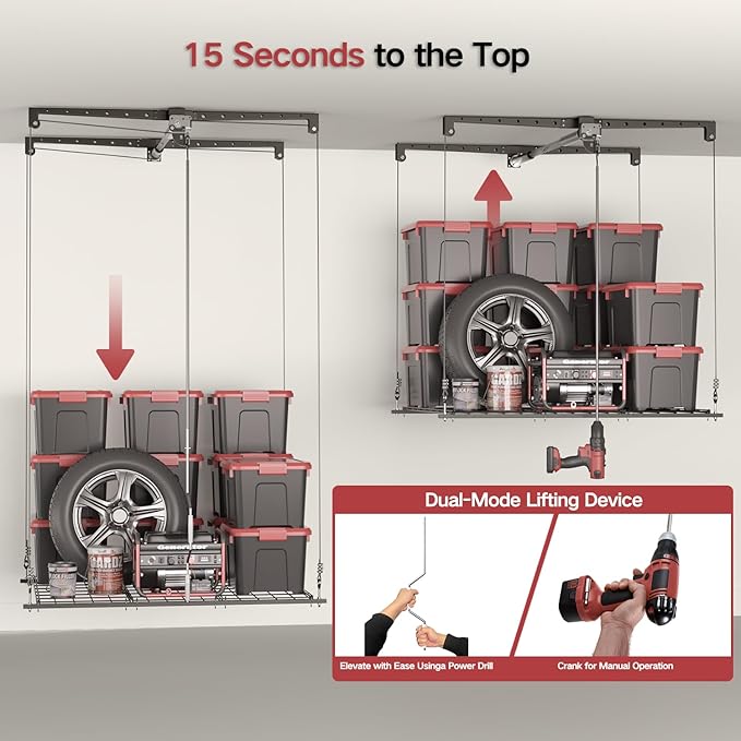 Overhead Garage Storage Rack for 12–14 FT Ceiling, Heavy-duty 4x4 FT Ceiling Storage Racks with Safety Lock, Ideal for Garage Storage Mounted Lift System and Storage Organizer, 250lbs Capacity