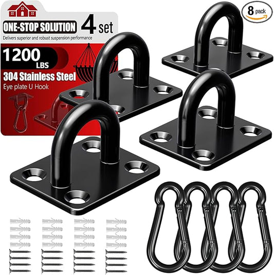 sprookber 304 Stainless Steel Pad Eye Snap Hooks, M8 Heavy Duty Ceiling Hooks, 1200 lb Capacity Hammock Swing Hanging kit, Plant Hangers, Marine Hardware Staple Hook Loop with Screws, Set of 8(Black)