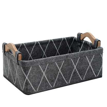 Small Storage Baskets Foldable Rectangle Containers Empty Gift Basket for DVD CD Record Cord Books Video Electronics Items Remote TV Cabinet Organizer with Wooden Handles