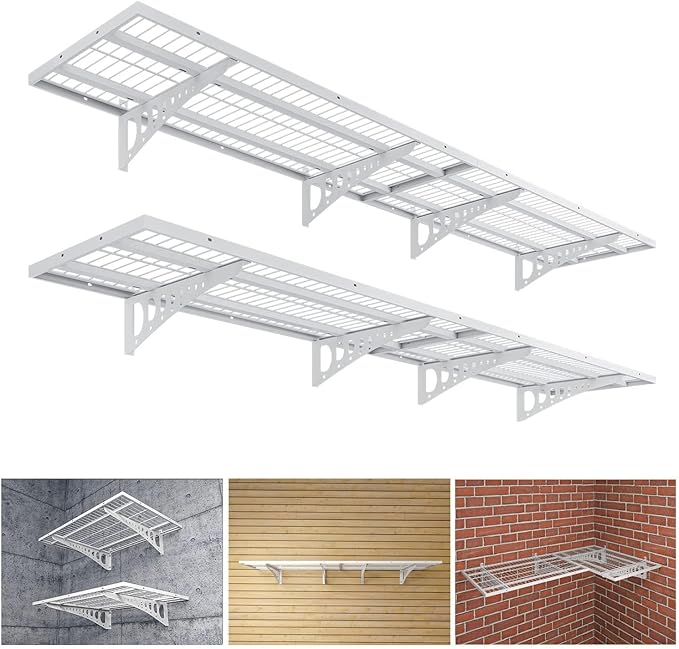 4-Pack 1.5×3.8ft(18×45.6 inch) Garage Wall Shelving, 1000 lbs Load Capacity, Garage Wall Mounted Shelves, Heavy Duty Shelf with Hooks, White