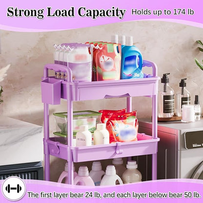 4 Tier Rolling Cart Organizer with Drawer, Bathroom Storage Carts with Wheels & Plastic Shelf, Mobile Storage Organizers for Kitchen, Office, Laundry Room, Baby, Snack, Craft, Makeup, Purple
