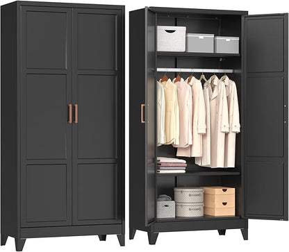 INTERGREAT Metal Armoire Wardrobe Closet, Storage Cabinet with Hanging Rod, 71" H Wardrobe Closet with Doors, Metal Storage Cabinets for Bedroom/Office/Garage (Black)