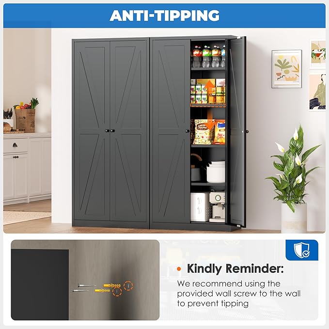 INTERGRAET 63" H Pantry Cabinet, Metal Kitchen Pantry Cabinets with 2 Doors and 4 Shelves, Farmhouse Food Storage Cabinets, Large Pantry Cabinets for Home,Kitchen,Living Room/Dining