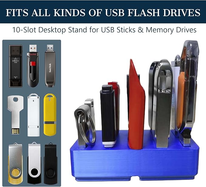 JBOS 10-Slot USB Flash Drive Holder Stand, Desktop Organizer Rack for Memory Sticks, Jump Drives & Electronic Accessories, Office Desk Storage, Blue